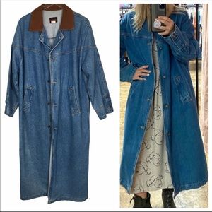 VTG Long Trench Trucker Denim Jean Jacket M L EC